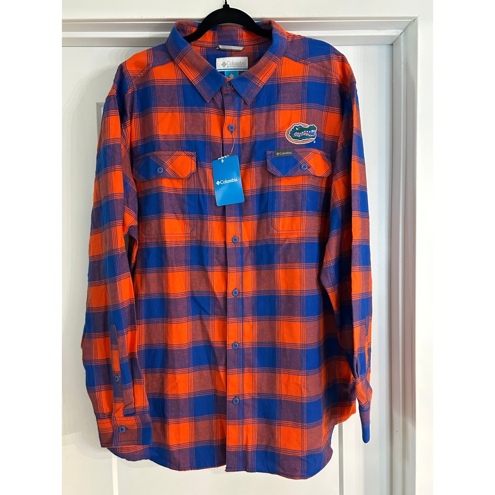 NEW Mens Columbia Flannel Shirt Florida Gators Orange Blue Plaid XXL Collegiate